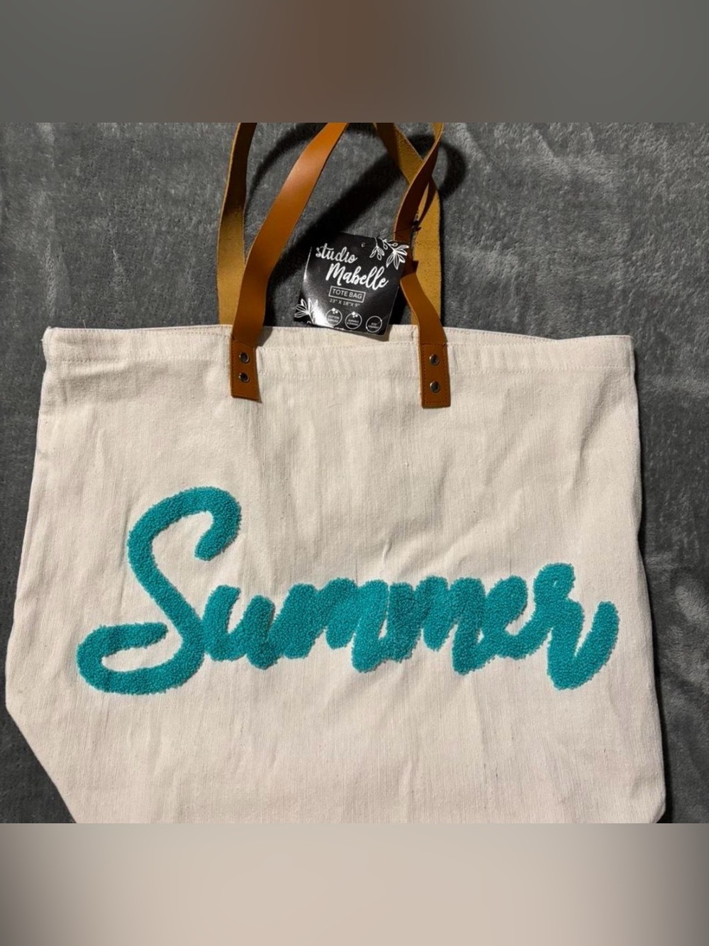 Cream Canvas Tote Bag with Turquoise 'Summer' Script